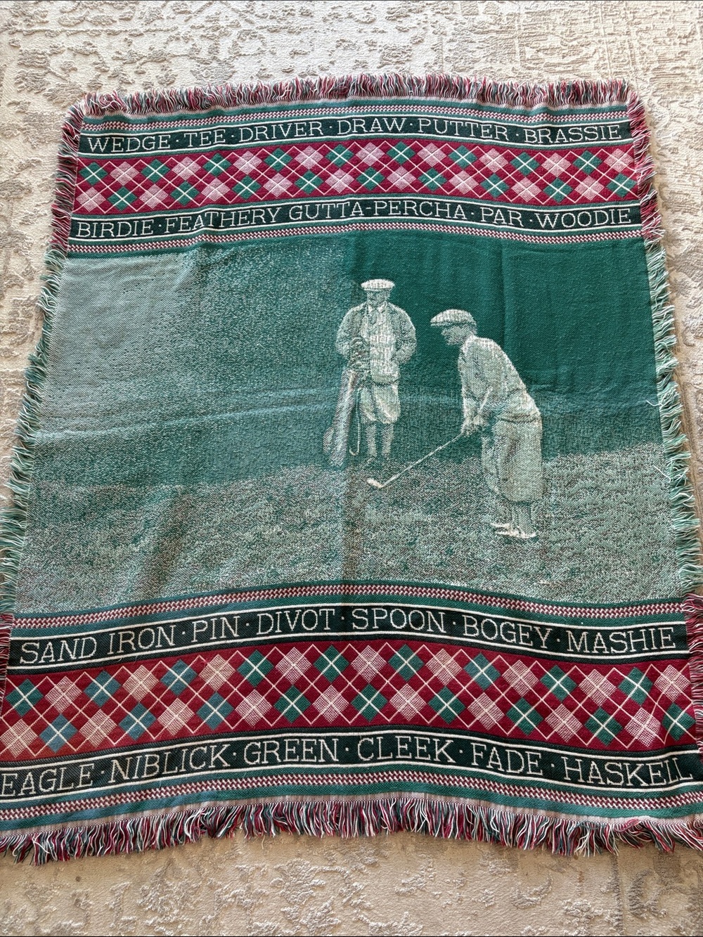 Vintage Golf Jaquard Tapestry Red Green Throw Blanket.